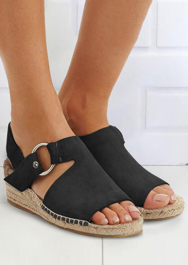 Solid Peep Toe Ring Wedge Sandals - Black - Bellelily
