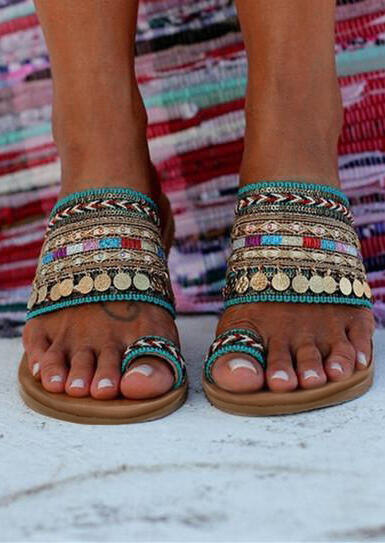 Bohemian Sequined Flat Sandals - Multicolor