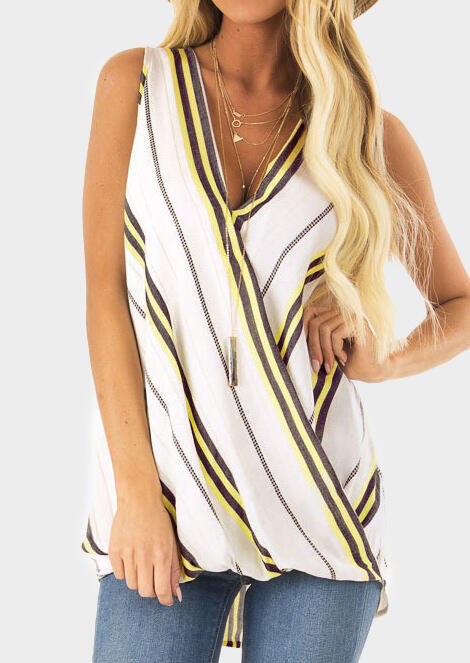 Striped Splicing Ruffled Tank without Necklace - White