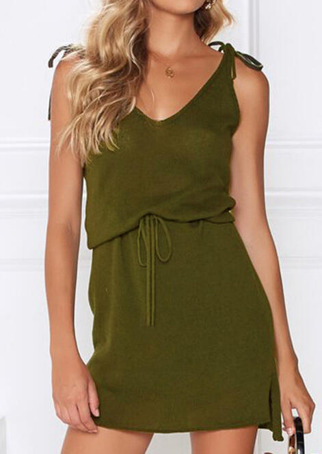 Solid Tie Drawstring V-Neck Casual Dress without Necklace - Army Green