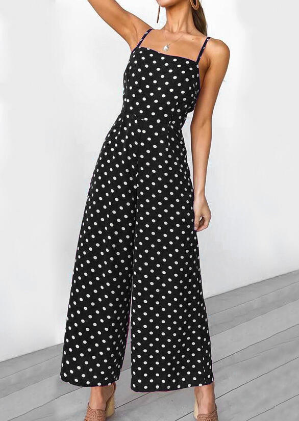 Polka Dot Spaghetti Strap Jumpsuit without Necklace - Black