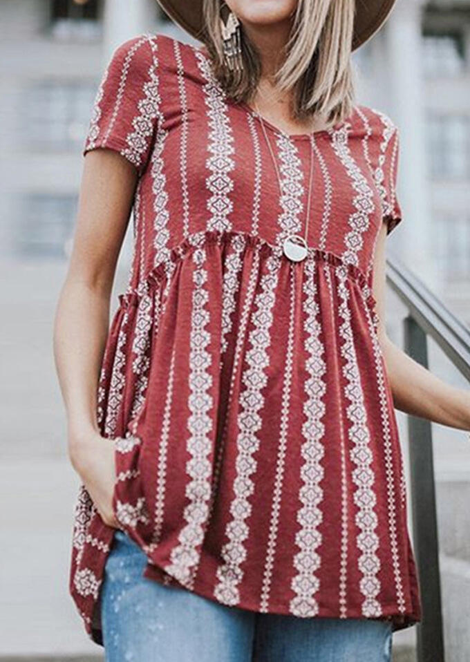 Geometric Printed V-Neck Blouse without Necklace - Red