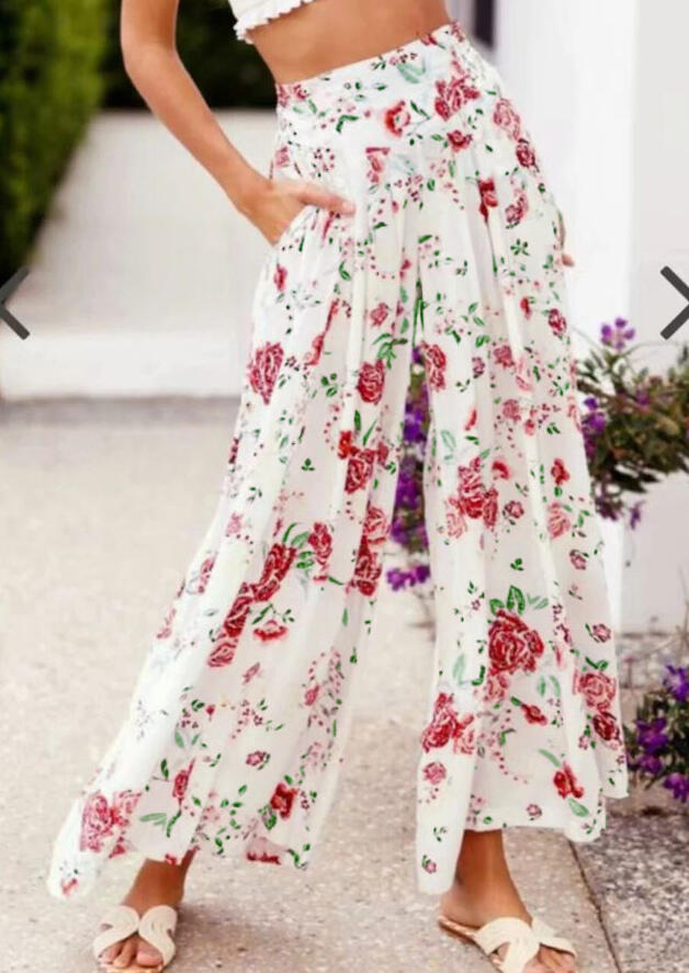 Floral Pocket Tie Wide Leg Pants - White