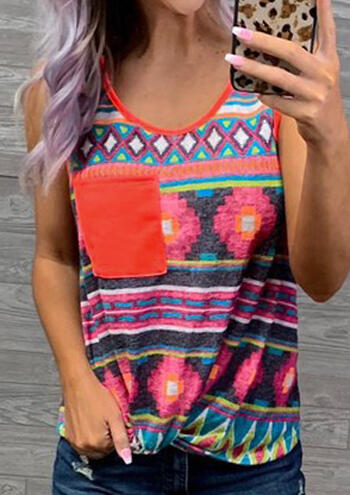 Aztec Geometric Printed Pocket O-Neck Tank - Multicolor