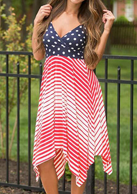 American Flag Sexy V Neck Dress - Red