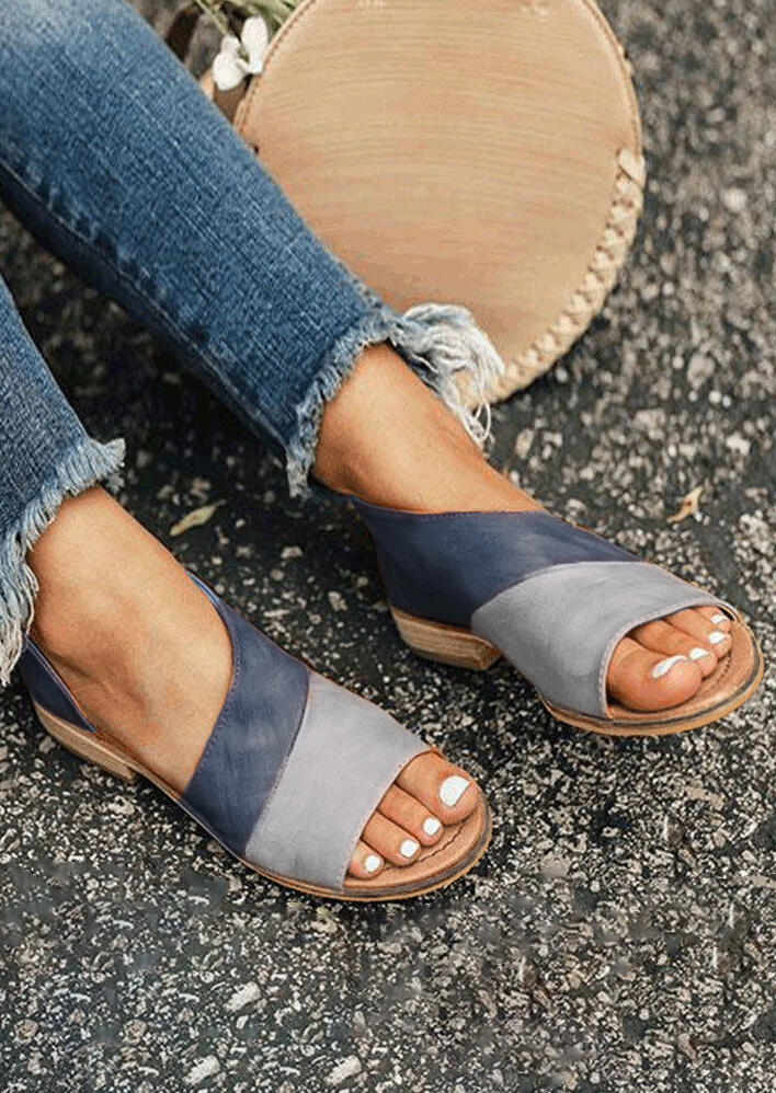 Color Block Peep Toe Flat Sandals - Deep Blue