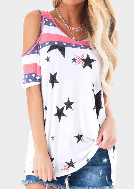 Star American Flag Cold Shoulder Blouse without Necklace - White