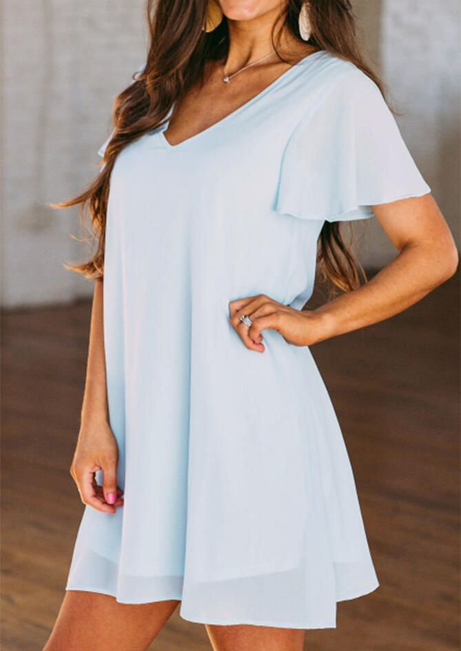 Solid V-Neck Mini Dress without Necklace - Light Blue