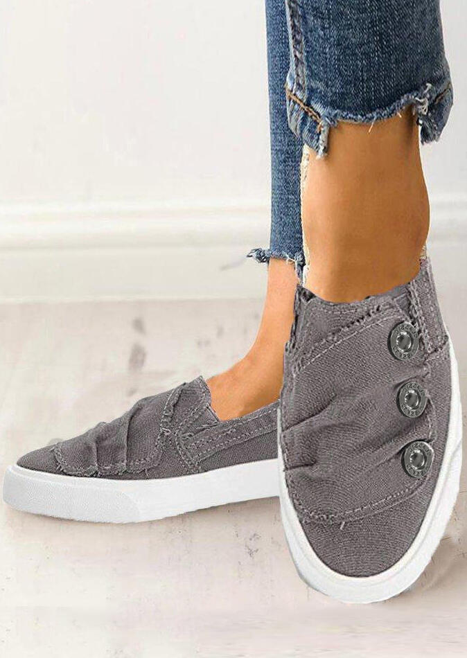 Solid Ruffled Button Flat Sneakers - Gray