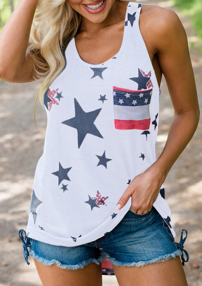 

Star American Flag Printed Pocket Tank - White, 450734