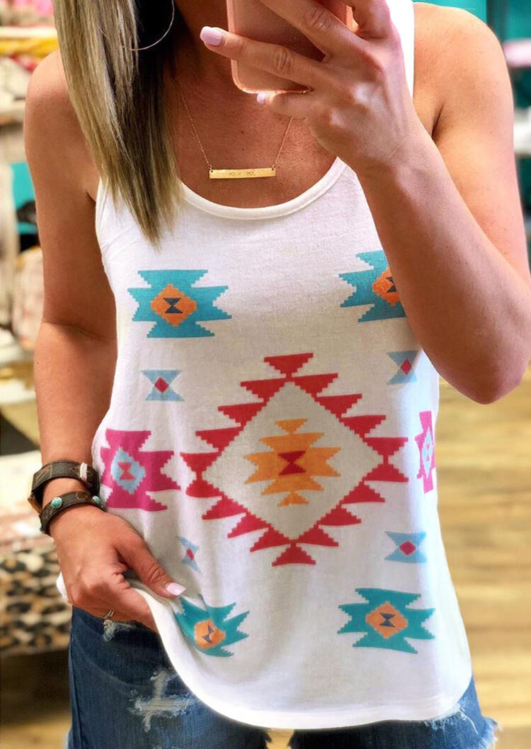 Aztec Geometric Printed O-Neck Tank without Necklace - White