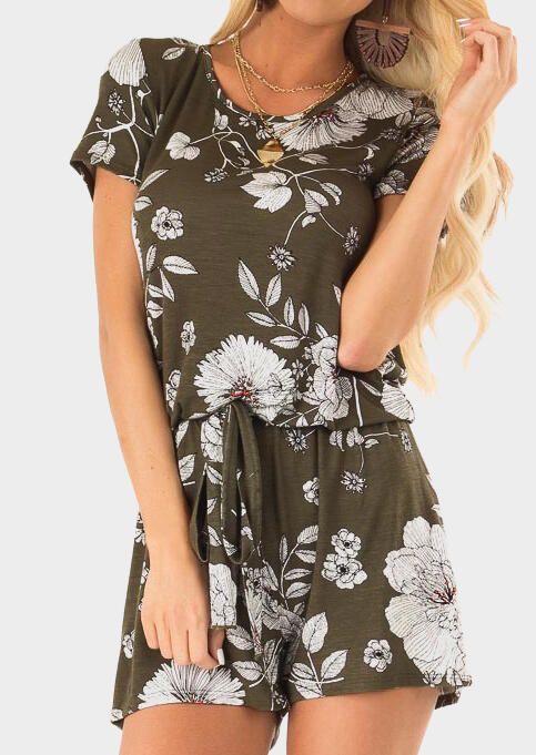 Floral Drawstring Romper without Necklace - Army Green
