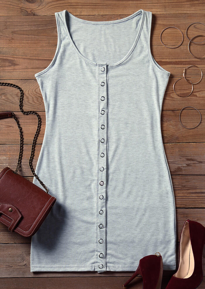 Solid Button Sleeveless Bodycon Dress - Gray