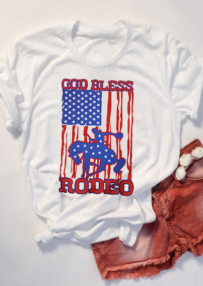 American Flag God Bless Rodeo T-Shirt Tee - White