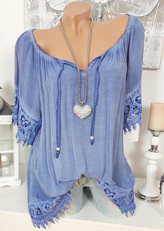 Solid Lace Splicing Off Shoulder Tie Blouse without Necklace - Blue