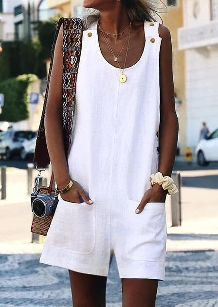 Solid Button Pocket Romper without Necklace - White