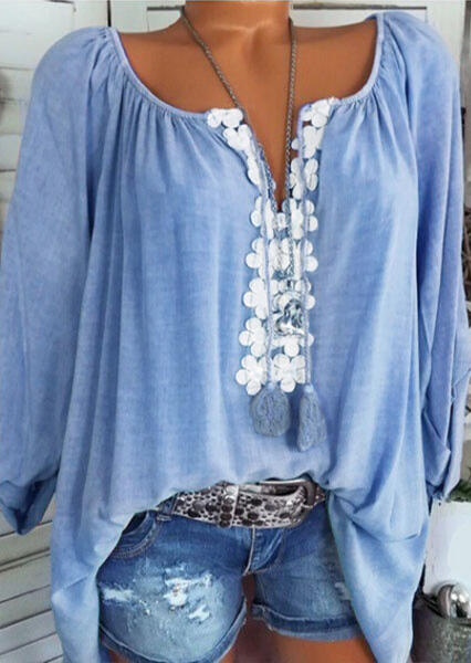 Flower Splicing Ruffled Blouse without Necklace - Lake Blue