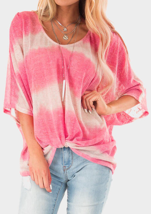 Striped Gradient O-Neck Blouse without Necklace - Pink