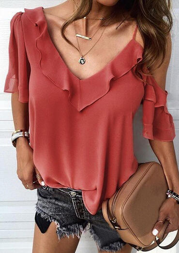 Buy Cheap Solid One Shoulder Layered Blouse without Necklace – Brick Red