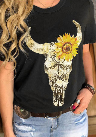 Steer Skull Sunflower T-Shirt Tee without Necklace - Black