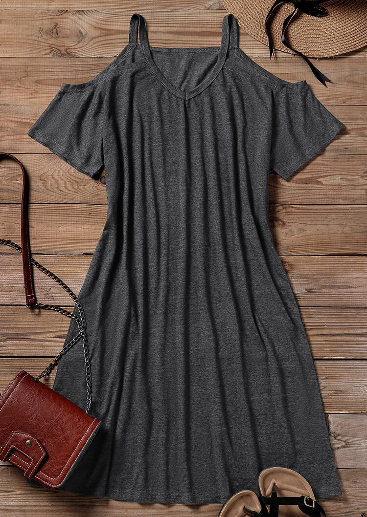 Solid Cold Shoulder Mini Dress without Necklace - Dark Grey