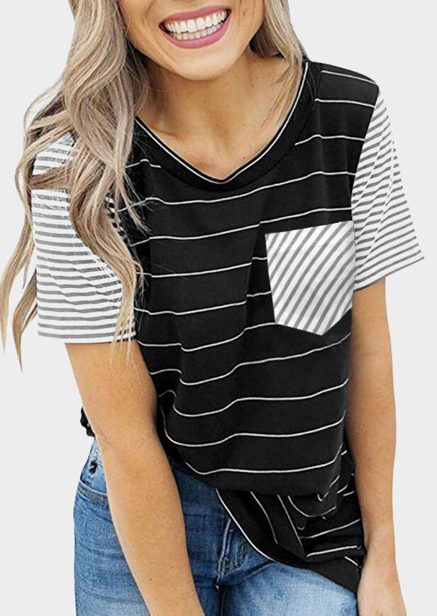 Striped Splicing Pocket T-Shirt Tee - Black