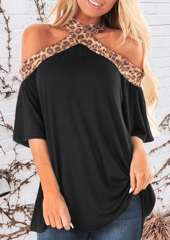 Leopard Printed Cold Shoulder Halter Blouse - Black