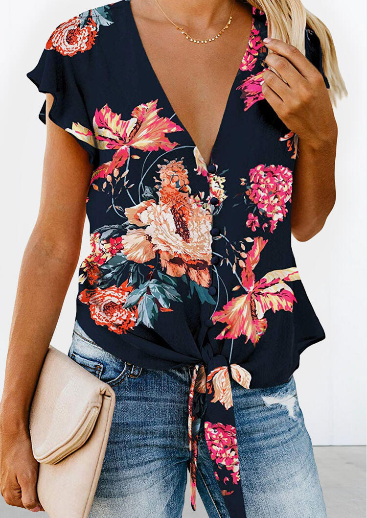 Floral Ruffled Tie Blouse without Necklace - Deep Blue