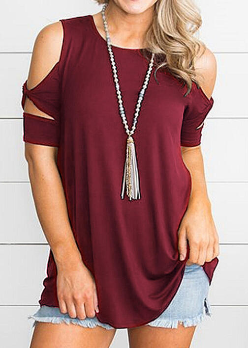 Solid Cold Shoulder Twist Blouse without Necklace - Burgundy