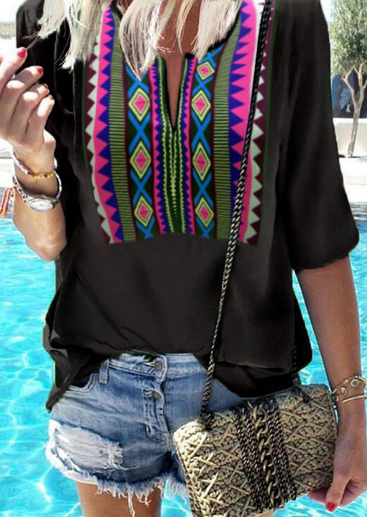 Aztec Geometric Printed V-Neck Blouse - Black