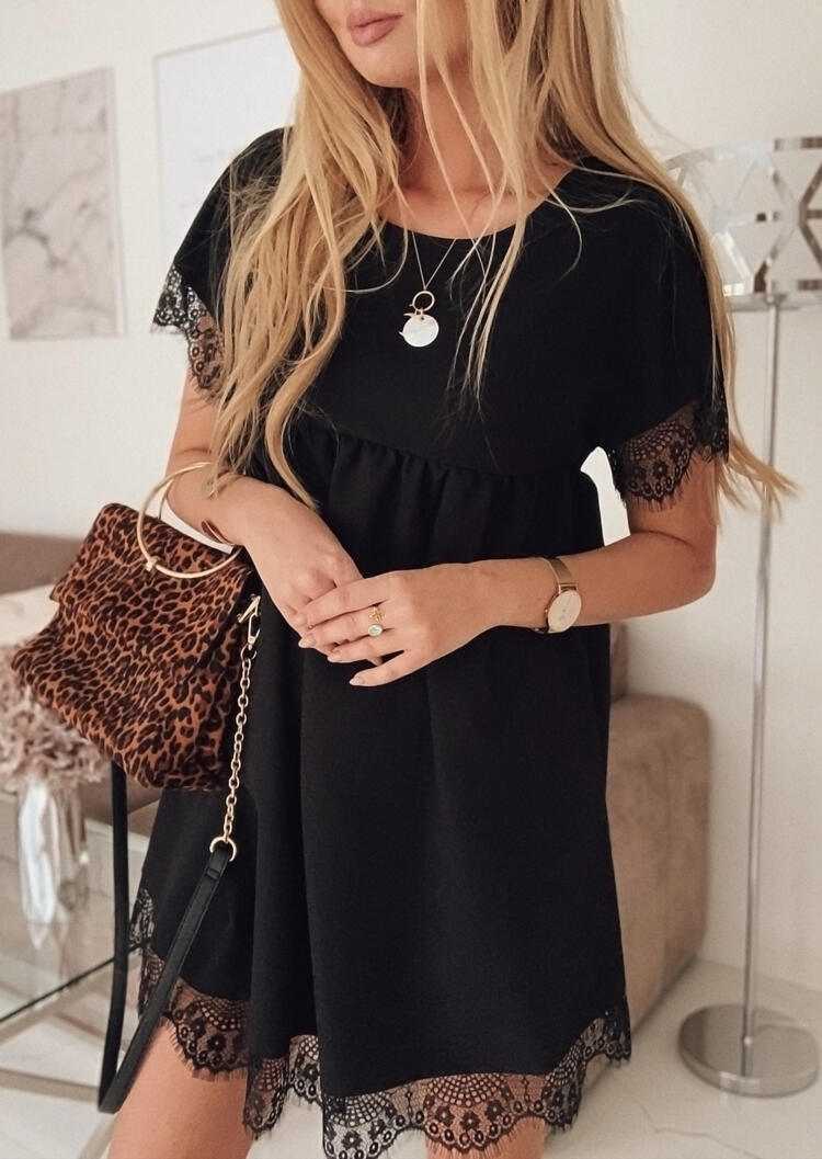 Solid Ruffled Lace Splicing Mini Dress without Necklace - Black