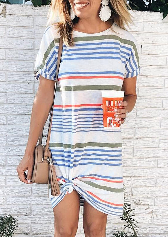 Striped O-Neck Mini Dress - White