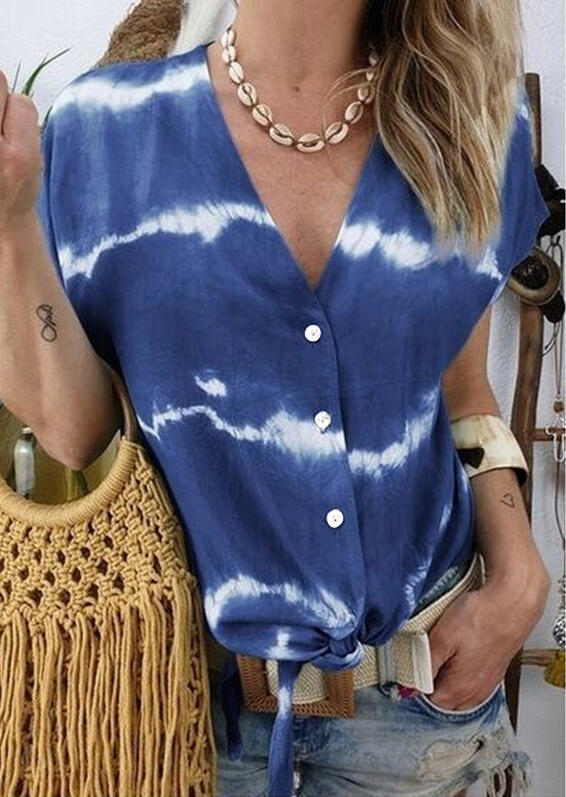 Tie Dye Button Tie Blouse without Necklace - Blue