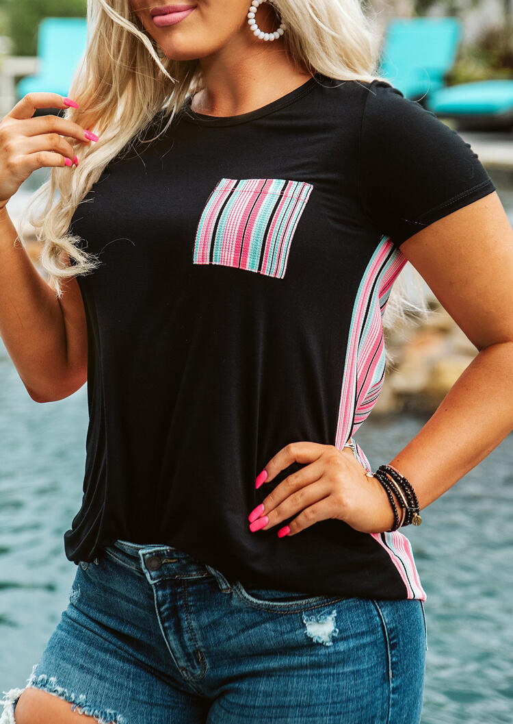 

Colorful Serape Striped Splicing T-Shirt Tee - Black, 453009