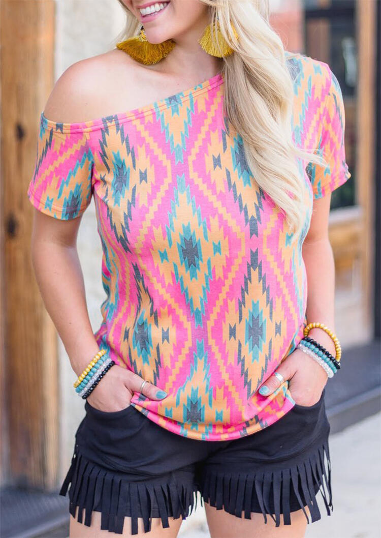 Aztec Geometric Printed One Shoulder Blouse - Multicolor