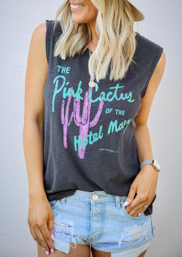 The Pink Cactus O-Neck Tank without Necklace - Gray