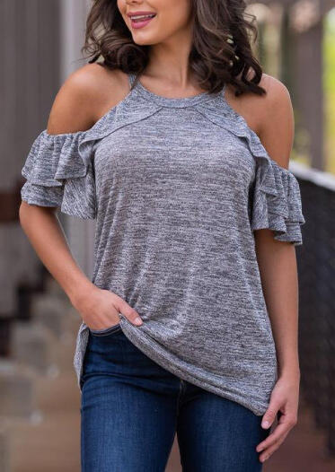 Solid Ruffled Cold Shoulder Blouse - Gray