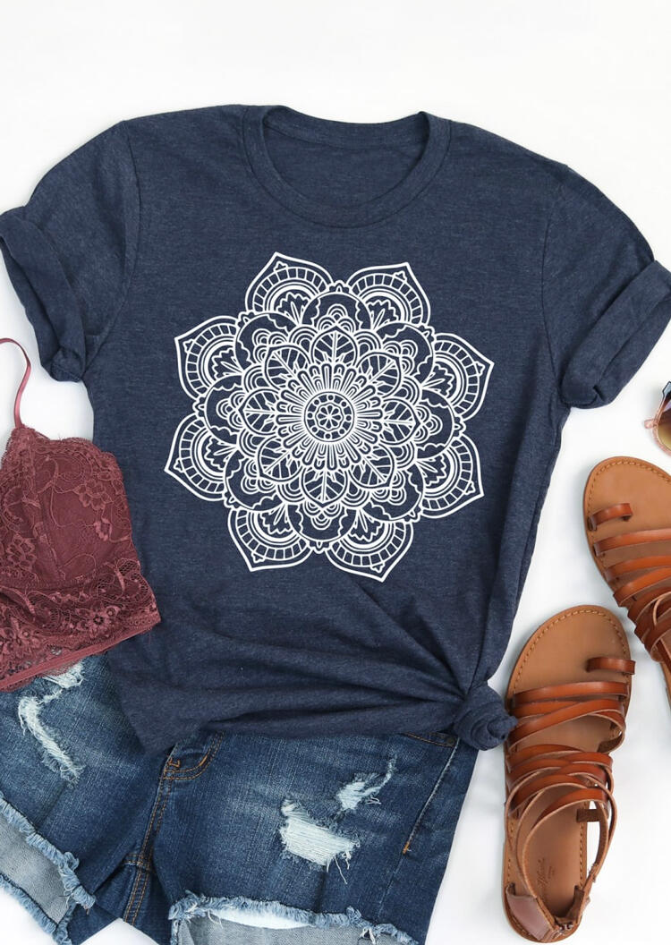Mandala Printed O-Neck T-Shirt Tee - Deep Blue