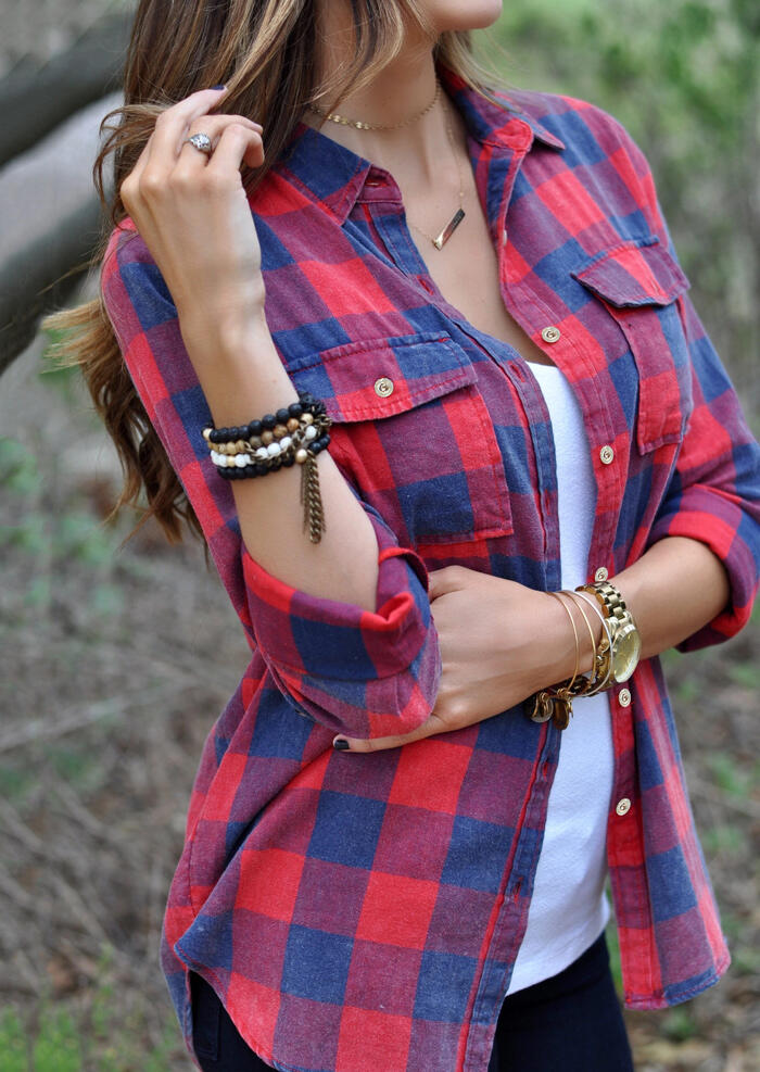 

Plaid Pocket Turn-Down Collar Shirt without Necklace, 453397