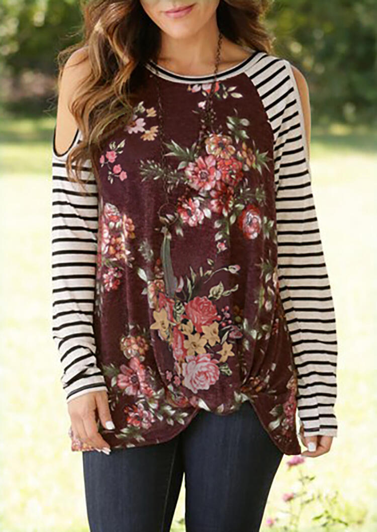 Floral Striped Hollow Out Twist Blouse without Necklace - Burgundy
