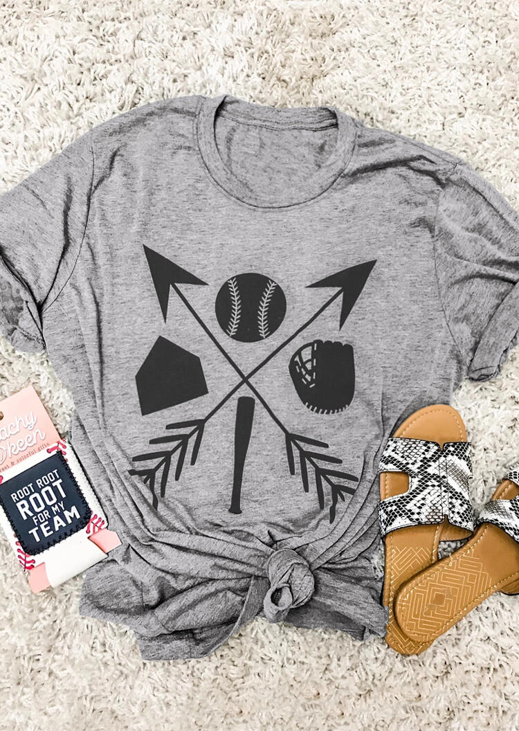 Baseball Arrow O-Neck T-Shirt Tee - Gray
