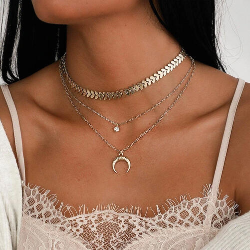 Moon Crescent Pendant Multi-Layered Necklace