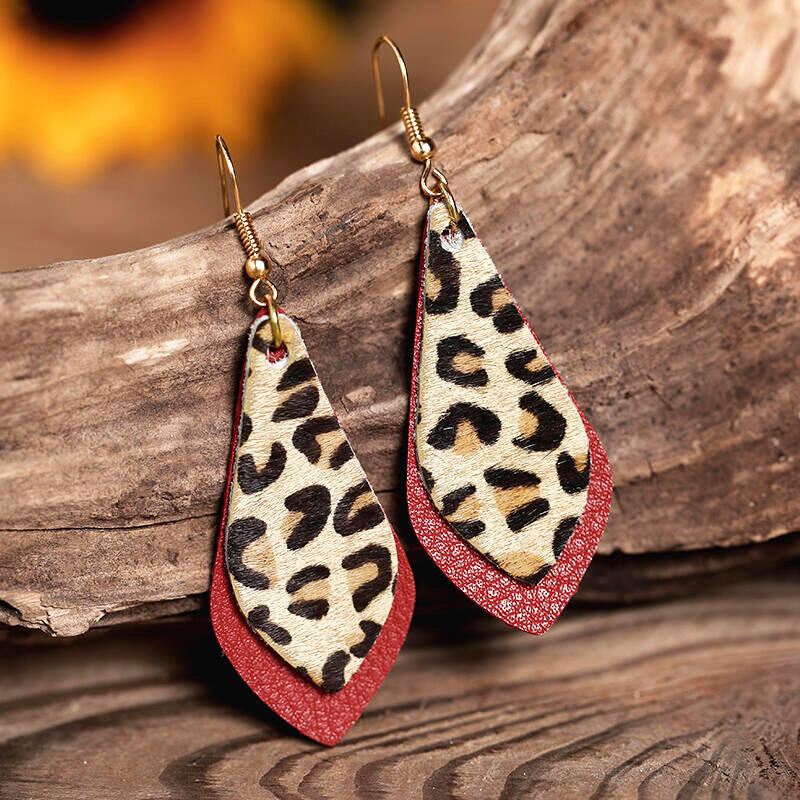 

Leopard Printed Layed Leather Earrings, Red, 453180