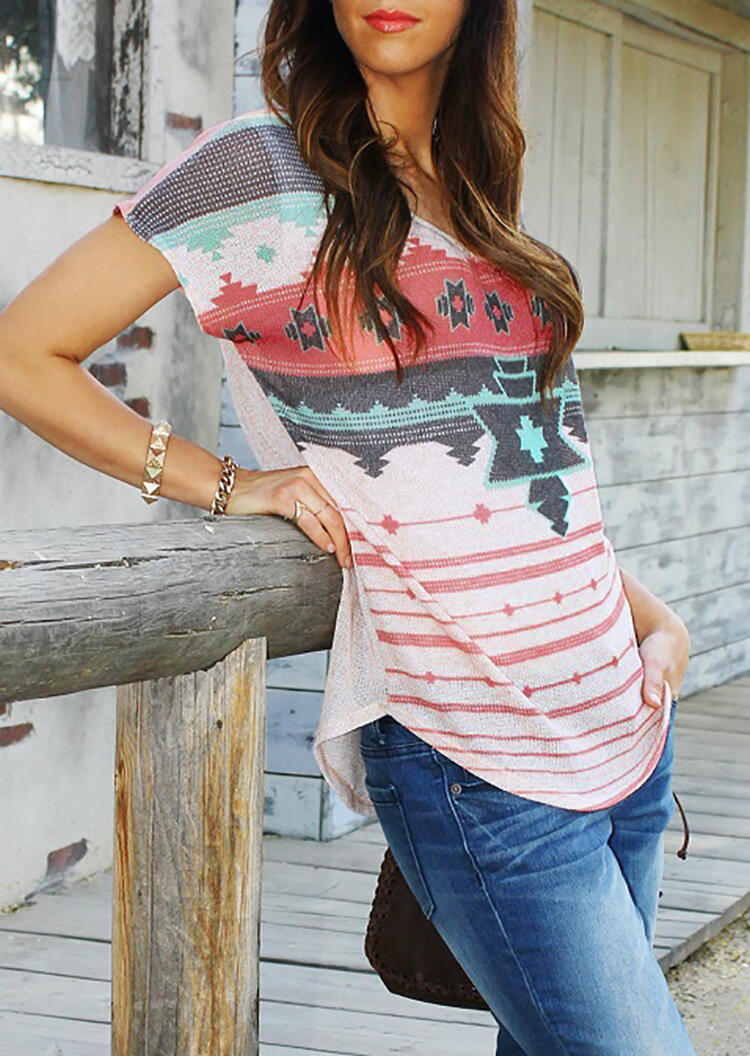 Aztec Geometric Printed T-Shirt Tee - Stripe