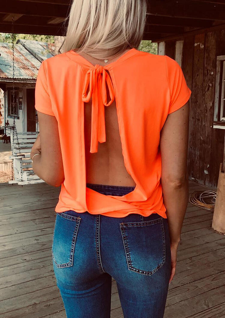 Solid Open Back Tie Blouse without Necklace - Orange