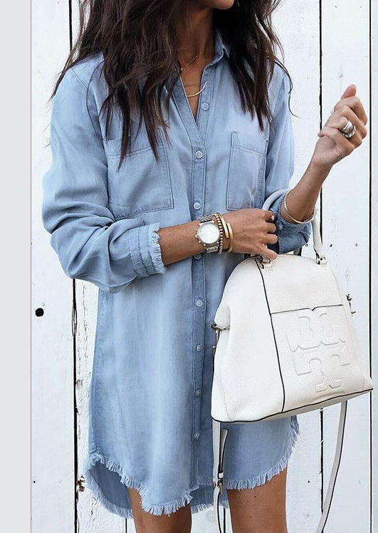 Solid Denim Tassel Splicing Mini Dress without Necklace - Blue