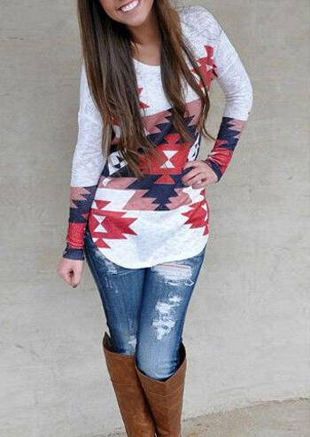 

Aztec Geometric Asymmetric Long Sleeve Blouse, Multicolor, 91379