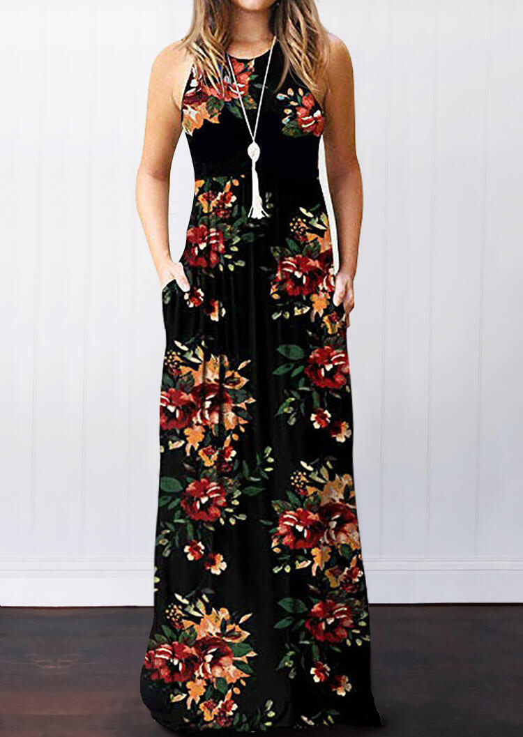 Floral Pocket Sleeveless Maxi Dress - Black