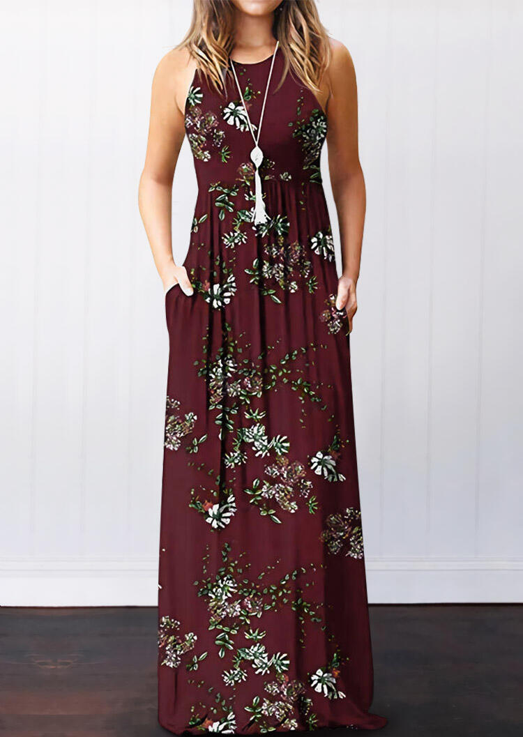 

Floral Pocket Sleeveless Maxi Dress without Necklace, Burgundy, 443732