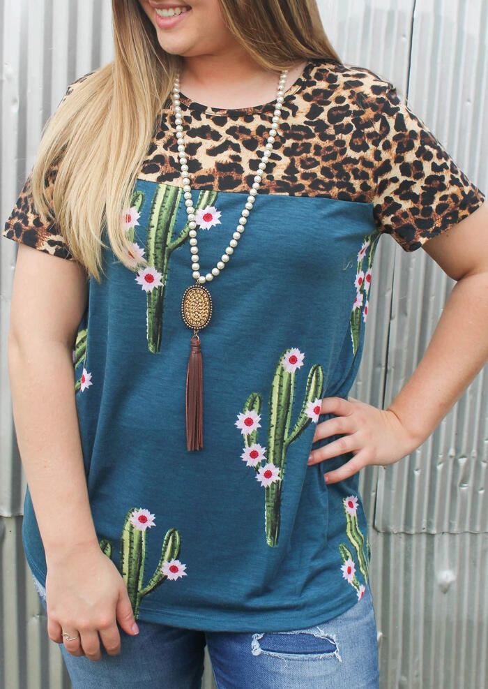 Leopard Printed Floral Cactus T-Shirt Tee without Necklace - Cyan